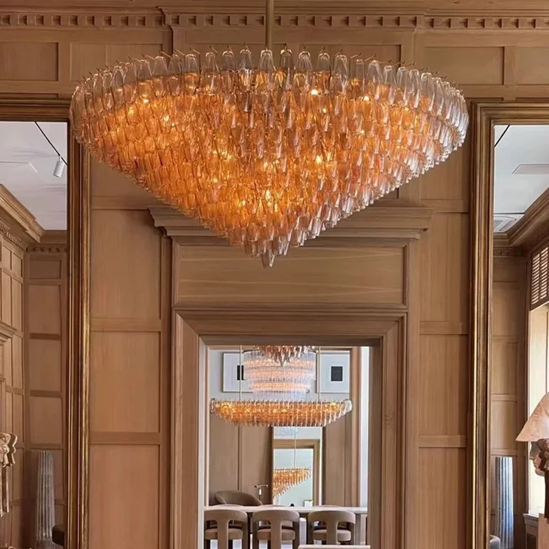 

French LED stainless steel yellow glass chandelier for restaurant ceilings, dimmable , for bar, crystal pendant