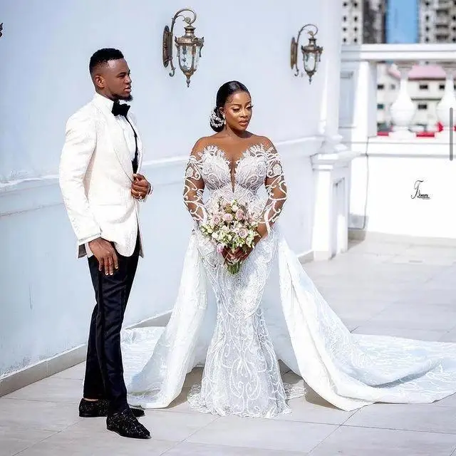 Customized Plus Size Mermaid 2025 Wedding Dresses With Detachable Train Beaded Lace Appliqued African Aso Ebi Bridal Gown Robe D