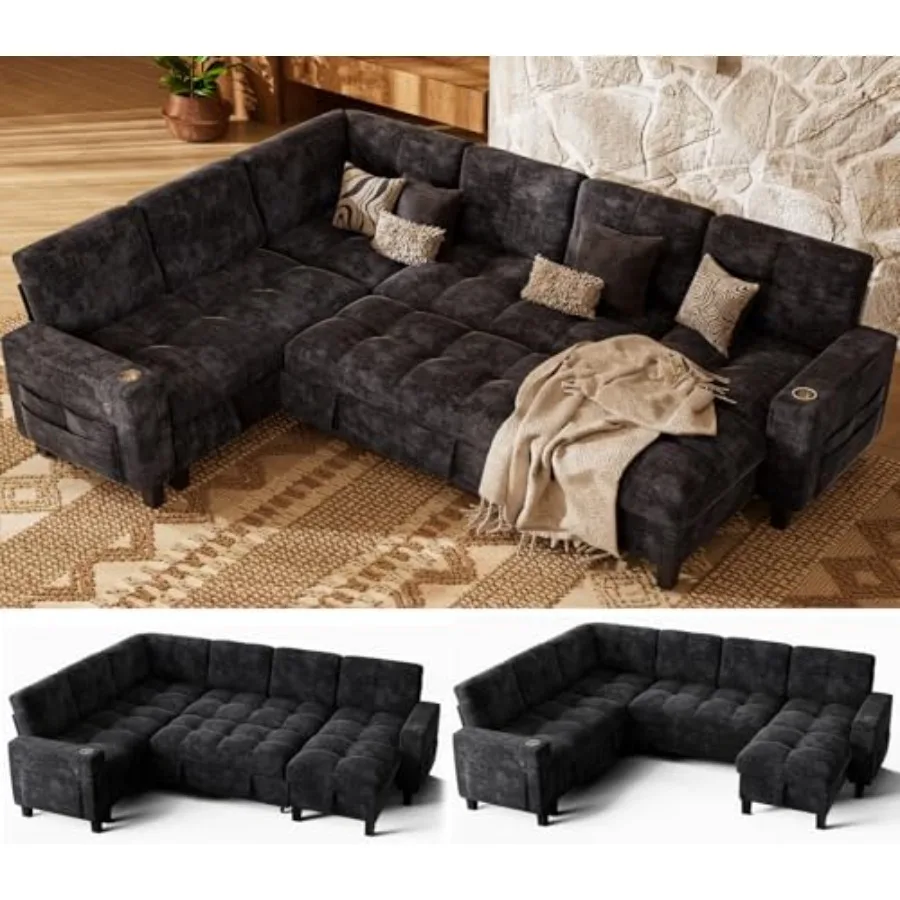

110" Sectional Sleeper Sofa with Pull Out Bed, Modular Sectional Couch with Storage, USB and Cup Holders, Modern Chenille Cloud