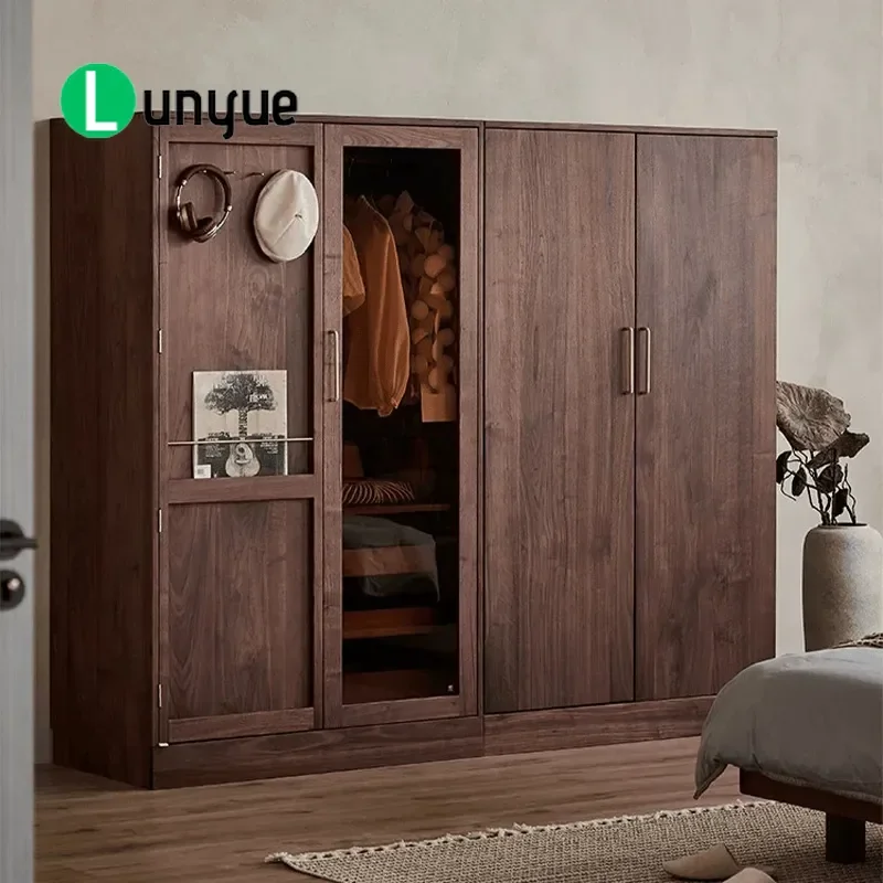 Chinese Style North American Black Walnut Sliding Door Solid Wood Wardrobe Multi Functional Hanging Closet for Bedroom Small