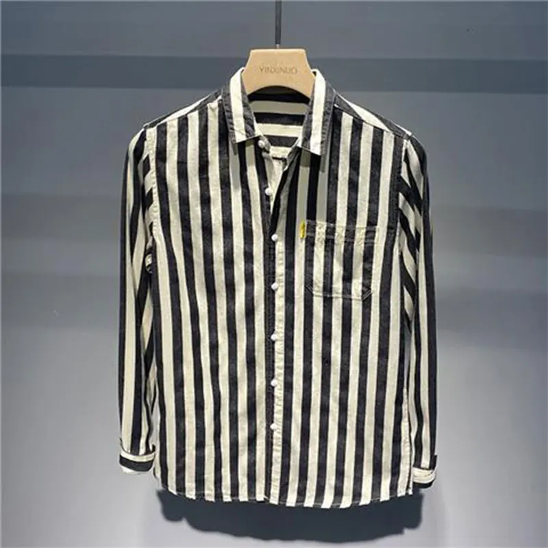 Elegant Fashion Harajuku Slim Fit All Match Shirt a Peaked Collar Stripe Button Long Sleeve Outerwear Loose Casual Ropa Hombre