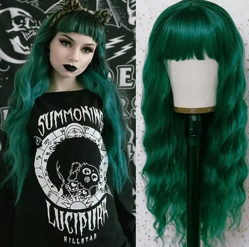 Long Curly Wig Dark Green Wig with Bangs Wavy Women Girls Cosplay Party Costume