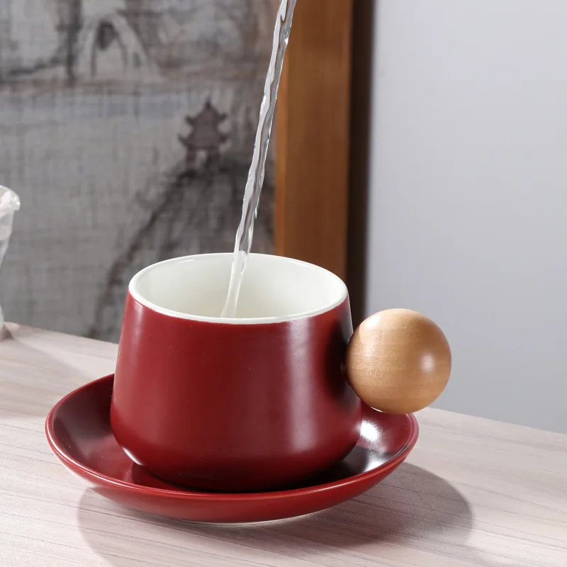 Wooden Handle Classic Mug Coffee Cup Solid Color Ceramic Teacup Expensive Mug Gift Ceramic Vintage Teacup Kitchen Dining Bar