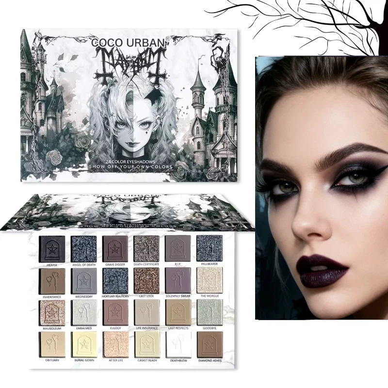 Halloween Eye Shadow 24-color Black Sequin Eye Shadow Long-lasting Pigmented Shades Punk Cool Girl Look Matte Eye Shadow Palette