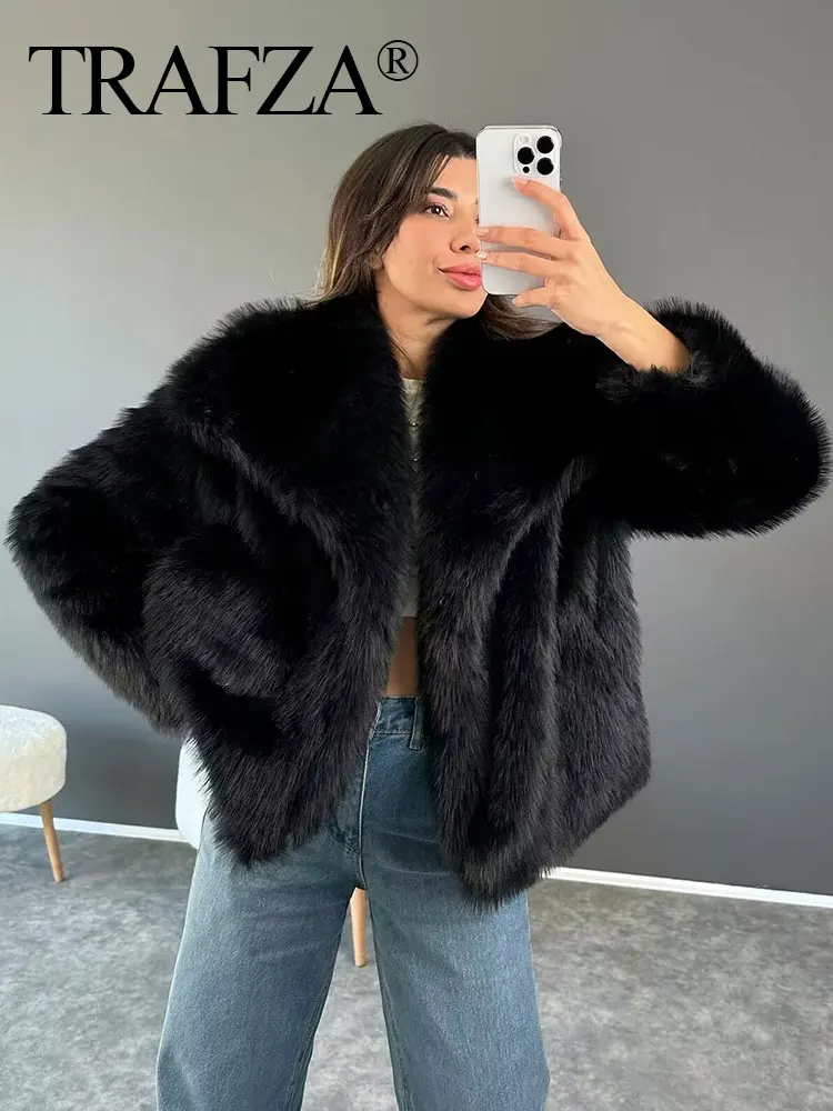 TRAFZA Winter Women Fashion Artificial Fur Coats Thick Lapel Solid Loose Cardigan Top Female Warm Streetwear Women\'s New In Coat