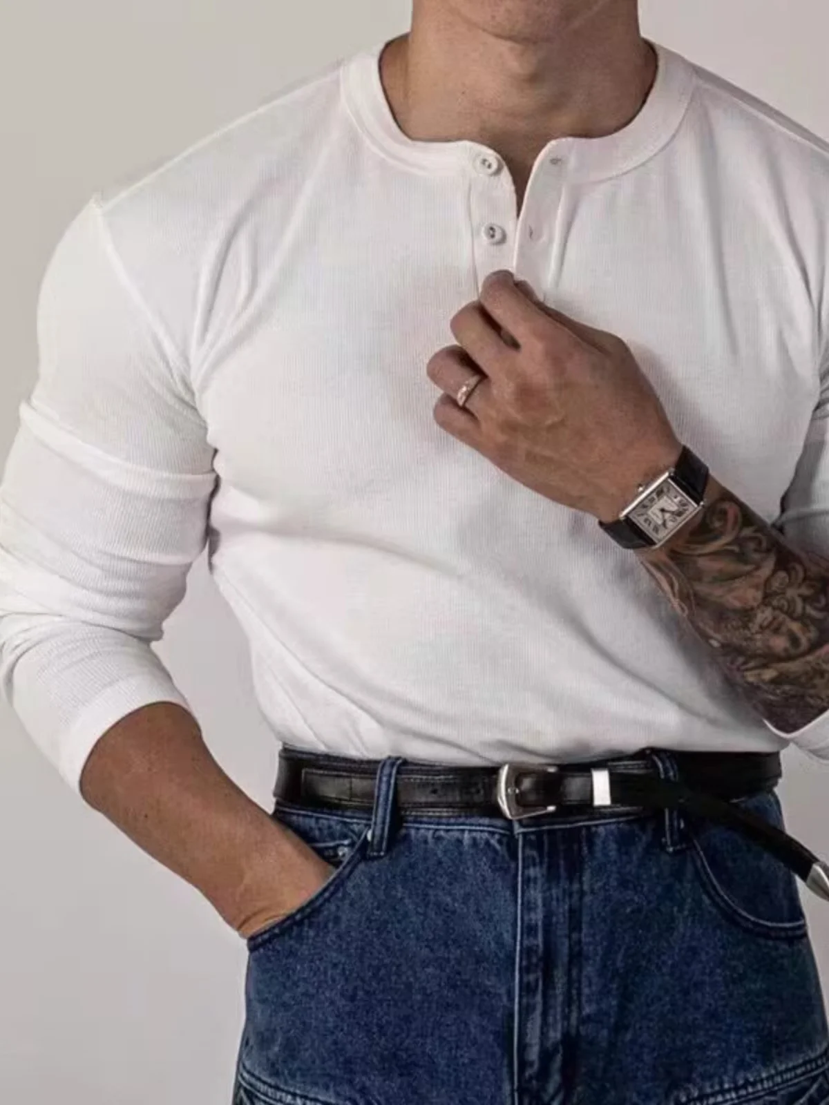 American Tough Guy Pure Cotton Henry Collar T-shirt Muscle Men Slim fit Long sleeve European Goods Half-Open Buckle Placket C...