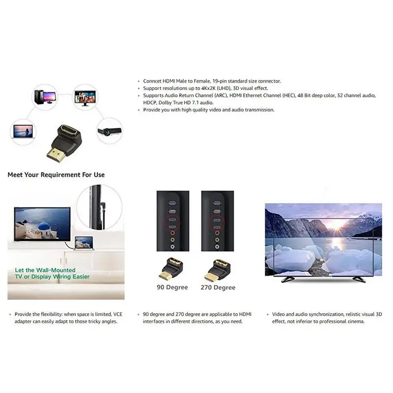 Adapter do kabla konwertery 90270 stopni kąt konwerter męski na żeński dla 1080P HDTV Adapter PC