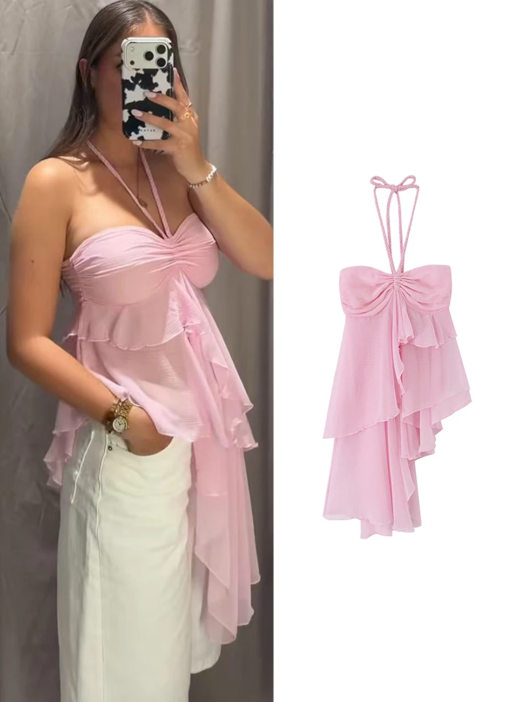 TFMLN Summer Women Dainty Pink Halter Top Chic  Braided Tie Ruched Bust Asymmetrical Ruffle Flowy Tank Fashion 2026 New Lady