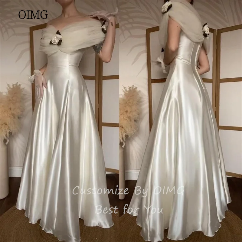 OIMG Elegante al largo della spalla Una linea Abiti da ballo Fiori in raso Abito da festa Lunghezza pavimento Abito da sera Abiti da gala Personalizzato