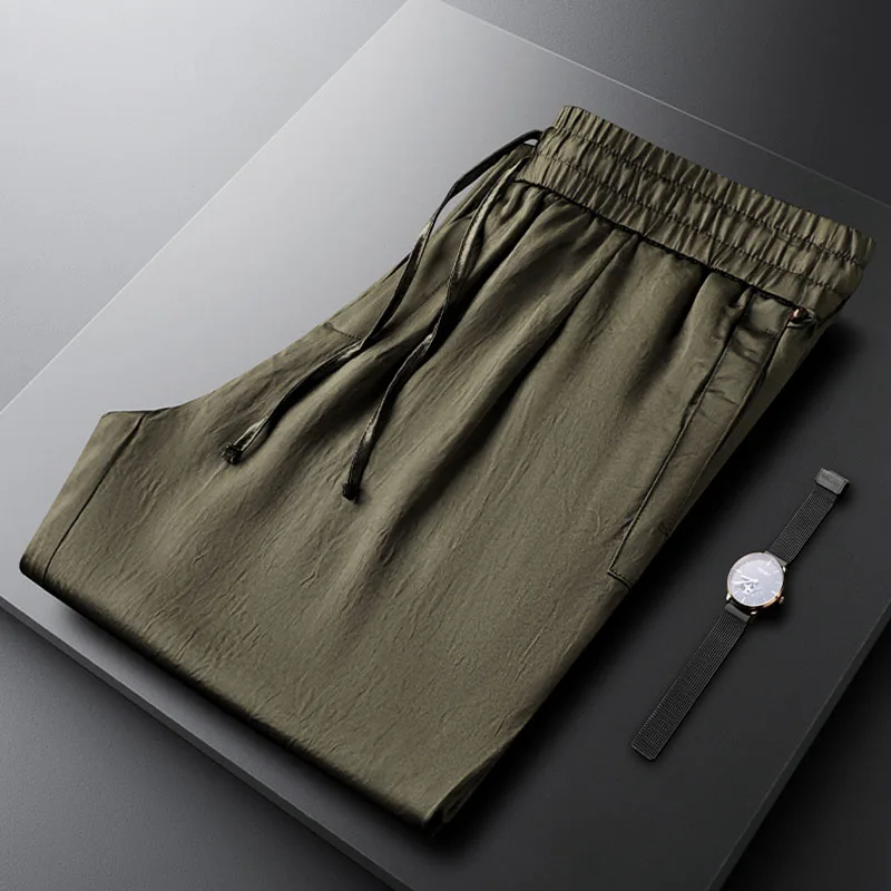 Brown casual sport pants for men, summer thin, breathable polyester men's small feet, solid color series with sweatpants