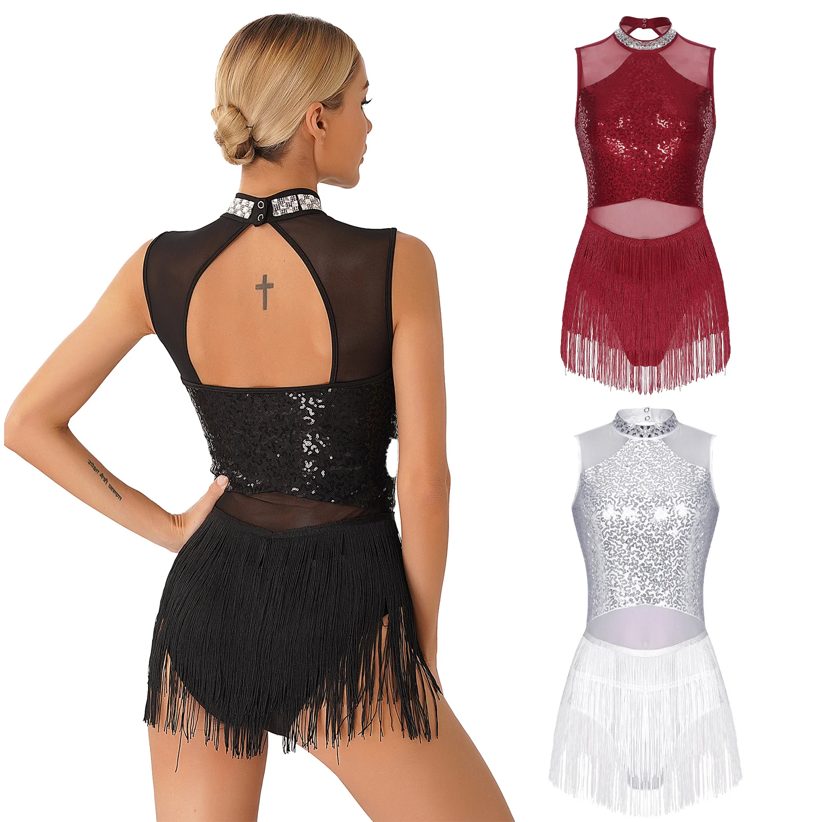 

Women Latin Jazz Salsa Dance Dress Sleeveless Fringed Sequined Leotard Samba Tango Chacha Dancing Dress Performance Costumes