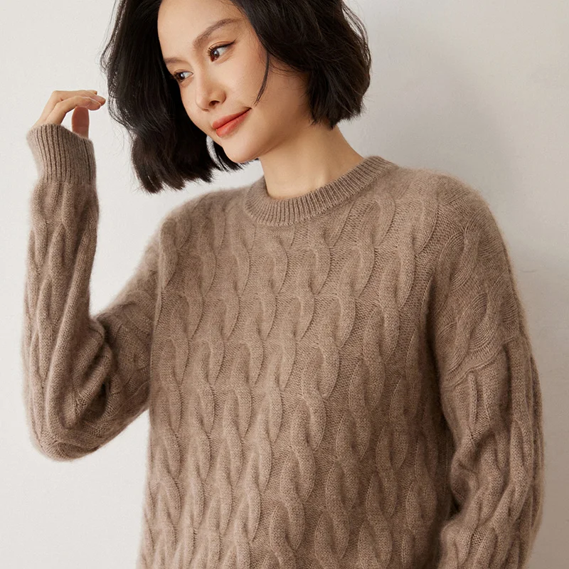 Damen-Komfortpullover aus 100 % Kaschmir, gestrickt, O-Ausschnitt, Kabelstich-Pullover, schlicht, sanft, exquisit, weich, warm, dick, langärmelig