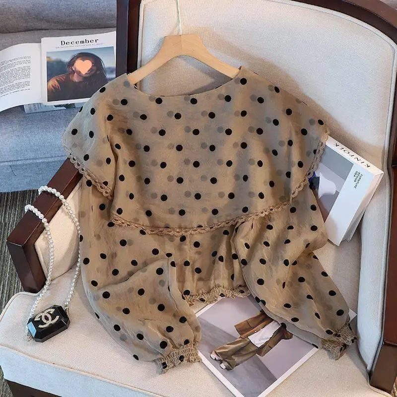 French Polka Doll Collar Chiffon Shirt for Women's Spring Clothes New Short Single-breasted Design Puff Sleeve Shirt