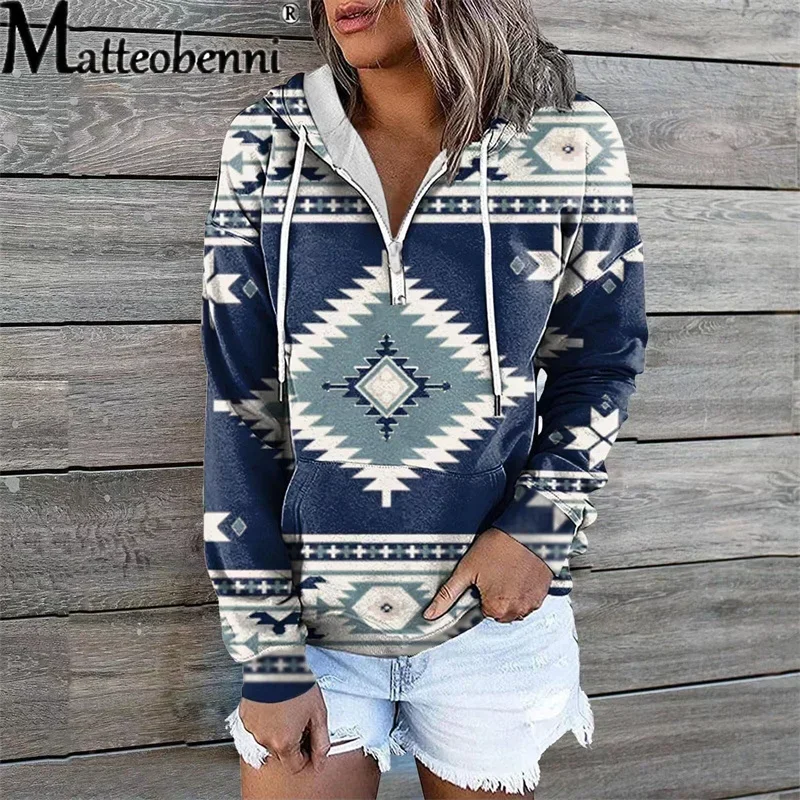 Winter Vintage Geometry Print Pocket Hoodie Women Pullover Sweatshirt Loose Long Sleeves Casual Bohemian Autumn Ladies Zipper