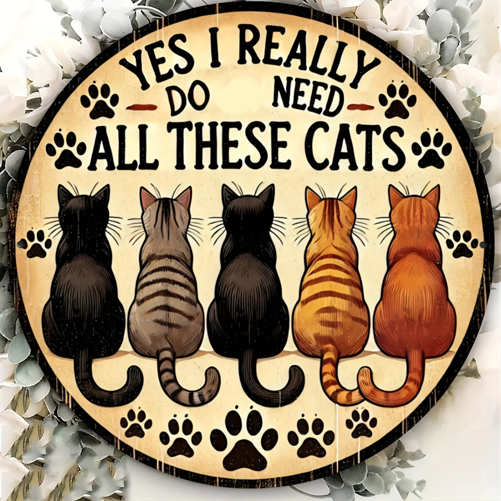 2D Flat Retro Round Metal Tin Cat Lover Sign - Rustic Wall Art, with 