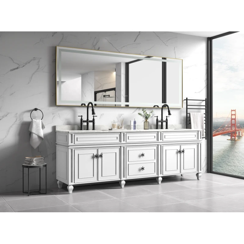 

Светодиодное зеркало для ванной комнаты 96 x 36 дюймов с алюминиевой рамой, настенное косметическое зеркало, противотуманное, с памятью, 3 цвета, бесступенчатая регулировка яркости