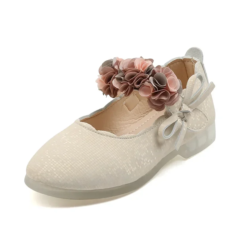 Girls Shoes Kids Flats Princess With Flowers Bow-knot Soft Glitter Leather Children's Party Wedding Shoes Floral 22-31