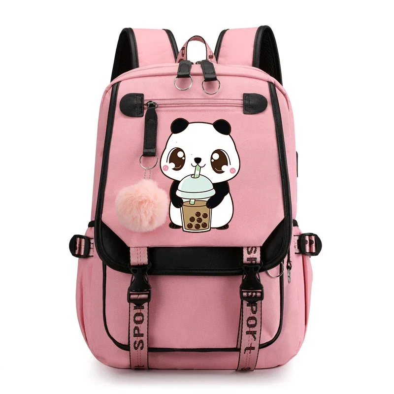 

Fox Panda Drink Milk Tea Print Usb Charging Backpacks Girls Cute Boba Tea School Bags Student Fashion Bookbag Teenage Laptop Bag
