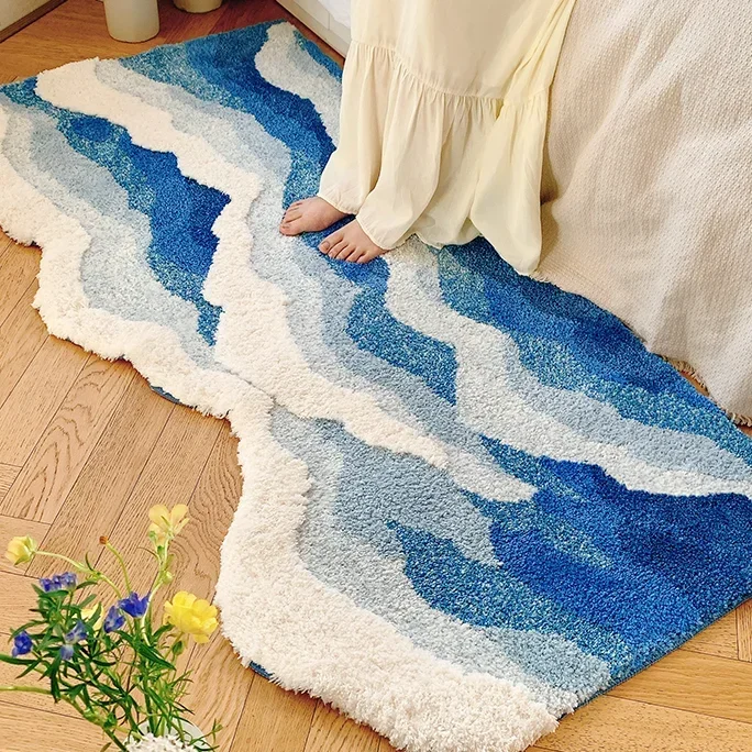 Tufted Blue Sea Pattern Carpet Bathroom Mat Soft Fluffy Area Bedroom Floor Pad Rug Doormat Tidy Home Room Decor