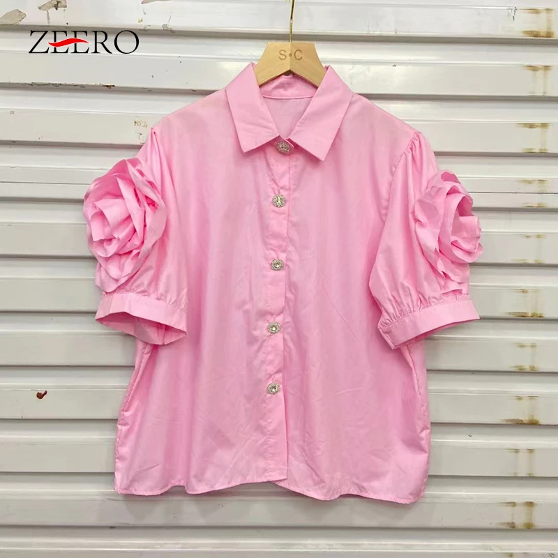 

Women Sweet Pink Appliques 3D Flowers Shirts Summer Female Short Sleeves Y2k Tops Loose Chiffon Fairycore Blouse Blusas Mujer