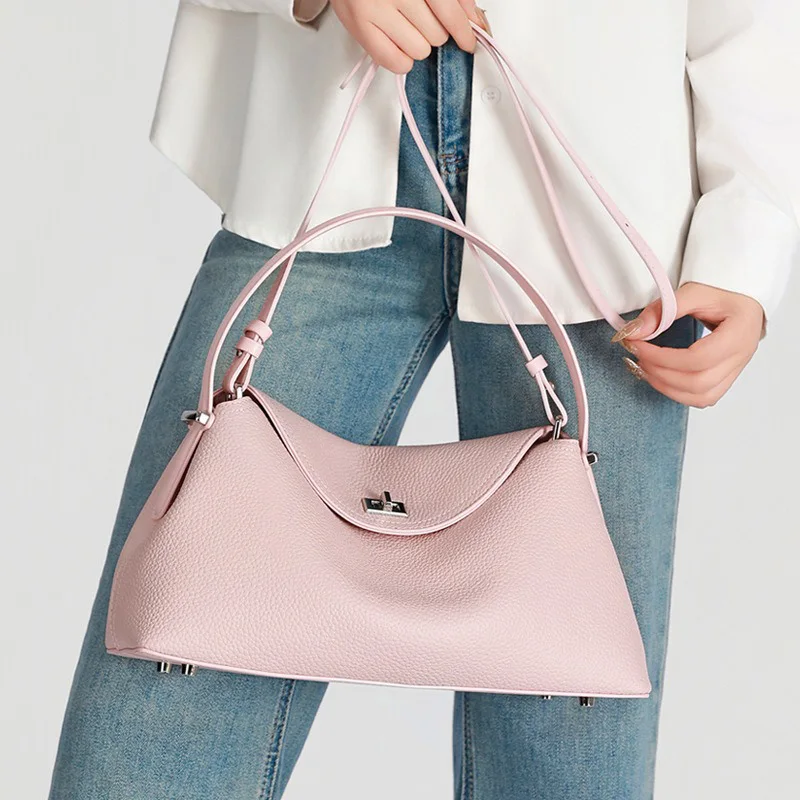 2026 New High Quality Cowhide Shoulder Bags Women Fashion Versatile Genuine Leather Handbag Lady Simple Solid Shopping Bag