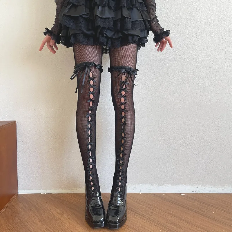 New Japanese Sweet Cool Style Tights Hot Girl Hollow Bow Satin Lace Gothic Dark Lace Pantyhose For Women's Kawaii White Socks