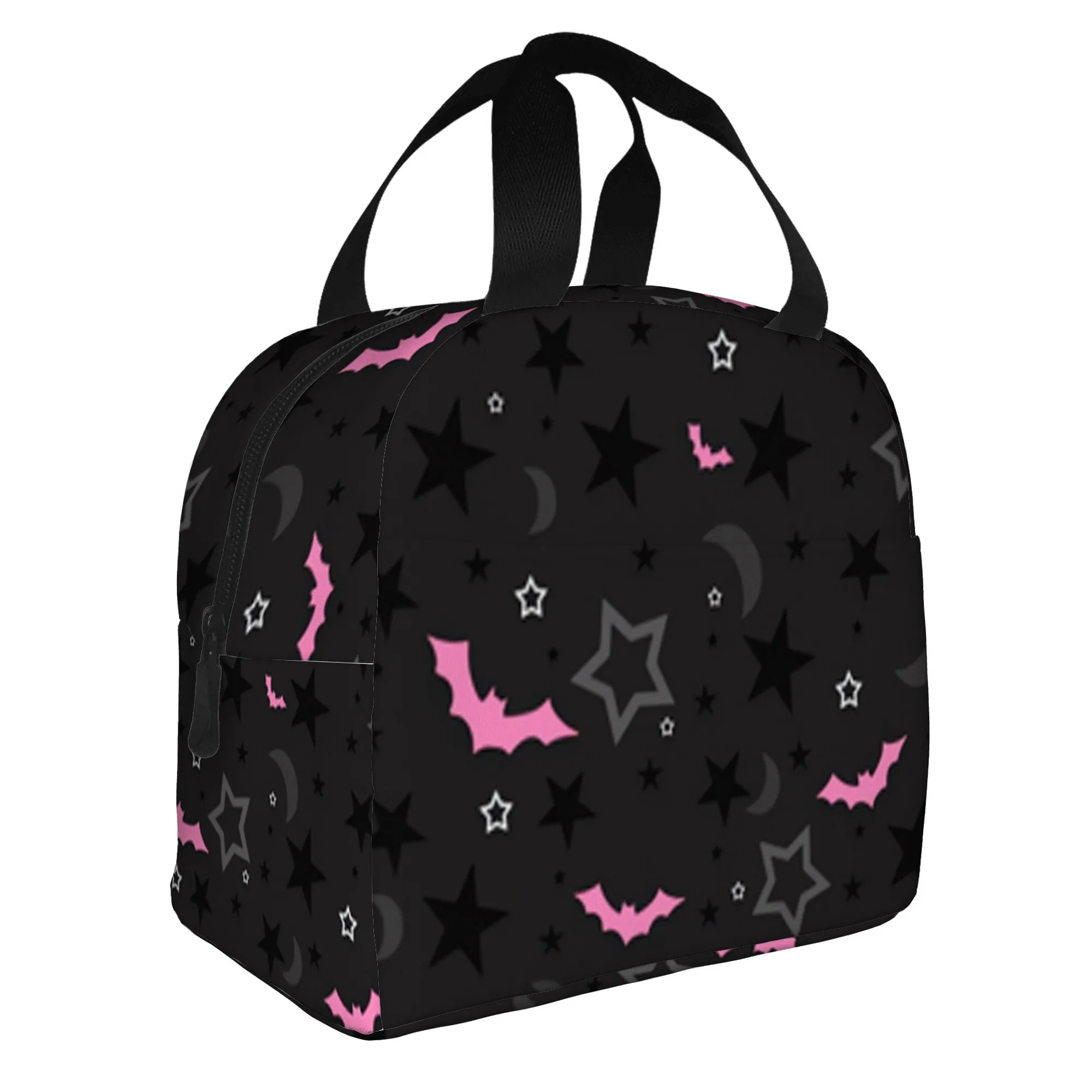 Gothic Pink Bat Star Print Insulated Lunch Bag Durable Polyester Oxford Thermal Cooler Tote