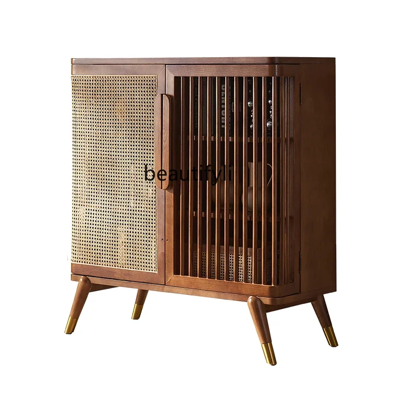 Retro Solid Wood Sofa Side Cabinet Living Room Rattan Storage Cabinet Storage Nordic Sideboard Cabinet