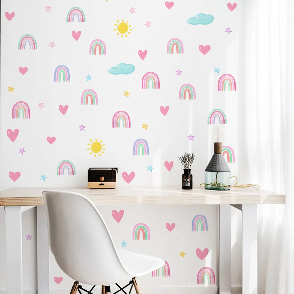 Boho Rainbow Wall Stickers Small Rainbow Wall Decal Watercolor Rainbow Heart Sun Star Wall Stickers for Girls Boys Baby Room