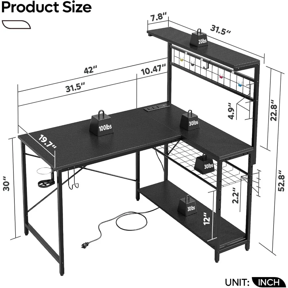 42 L Gaming Desk,Computer Desk with Power Outlets, LED Lights, Reversible Corner Desk with 4-Tier Shelves,Cup Holder