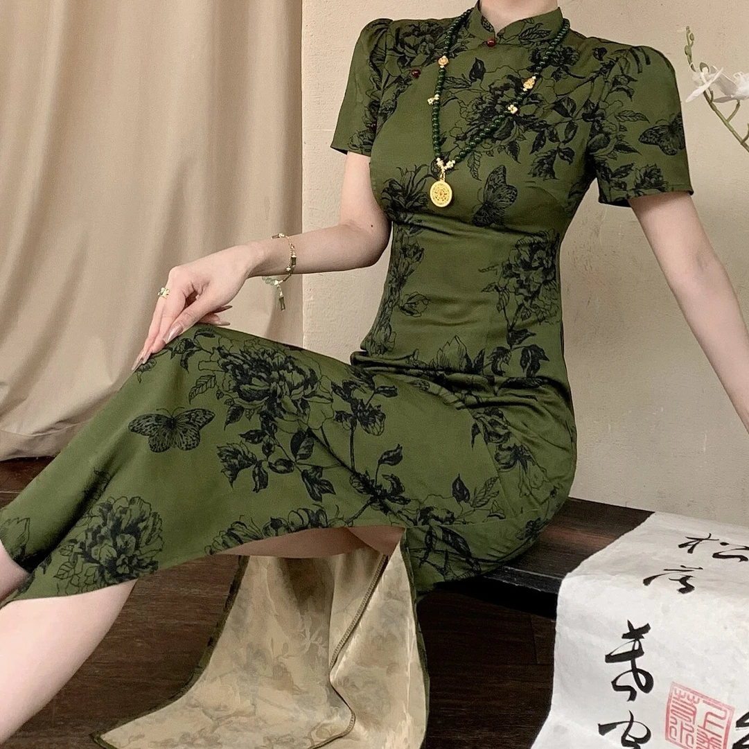 Green Improved Cheongsam Women Sexy Short Sleeve Qipao New Chinese Style Dress Summer New Vestidos Print Chinese Dresses Qipao