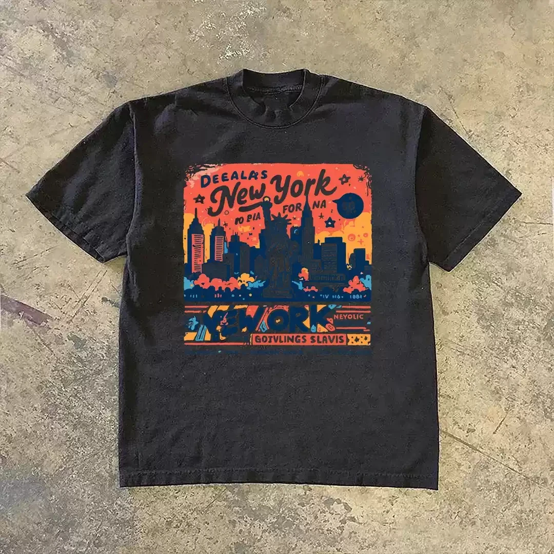 تي شيرت رجالي قطن نيويورك نمط شخصية تي شيرت Harajuku y2k كاجوال برقبة دائرية وأكمام قصيرة للجنسين