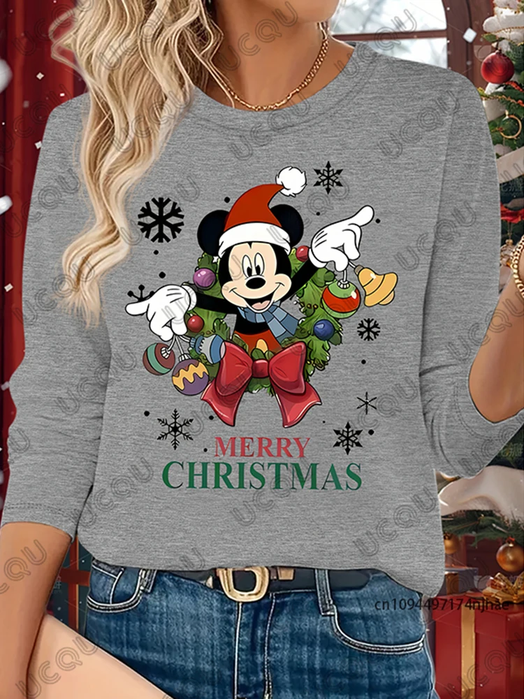 Świąteczna, urocza koszulka z długim rękawem z nadrukiem Disneya, Myszki Miki i Minnie dla kobiet, jesienna, codzienna koszulka z okrągłym dekoltem, oversize, dla par, topy w stylu Y2K.