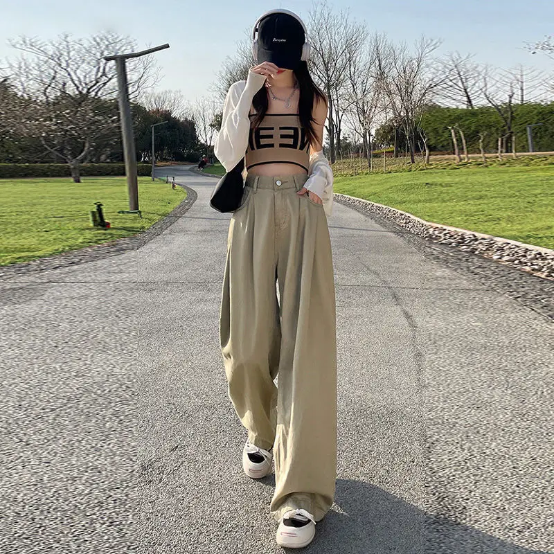 بنطال ذو قصة أرجل واسعة كاكي للنساء ربيعي طويل للغاية طيات مرنة حزام اللف الحد الأدنى الربط فريد مشروط تخفيف #4