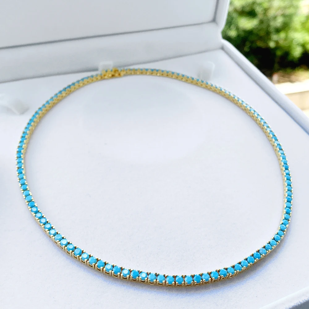 2026 New Gold Color Bling 3mm Turquoises Paved Tennis Chain Necklace Mirco Pave CZ Charm Blue Stone Fashion Women Choker Jewelry