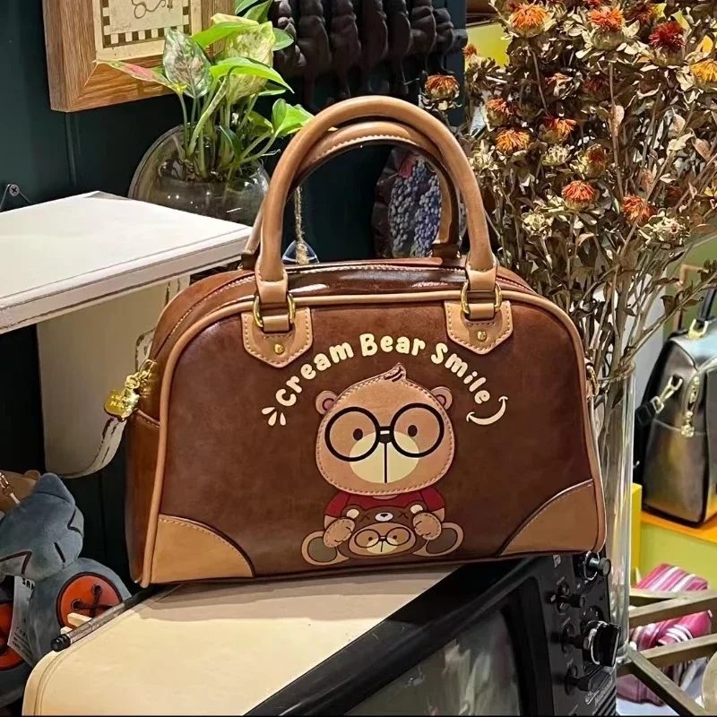 CREAM BEAR Cute Cartoon Doll Small Handbag Boston Pillow Bag Versatile Fashion Single Bag Crossbody Bag for Women New Trend 2024