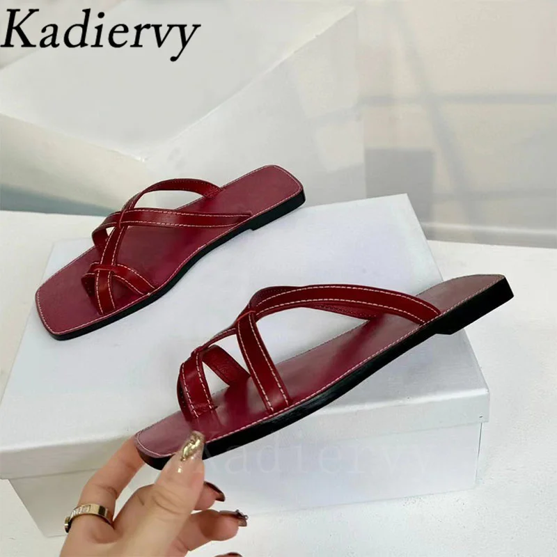 Chanclas de piel auténtica para mujer, zapatos cómodos de banda estrecha, chanclas planas de verano, color negro y rojo, novedad