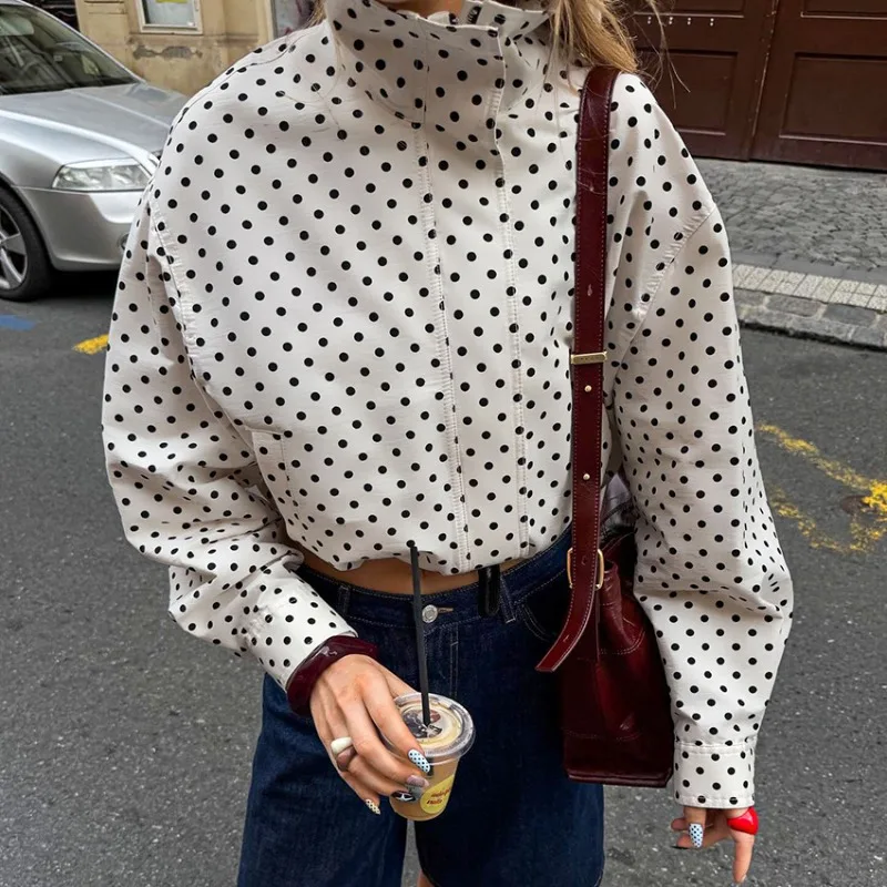 Women 2026 Autumn Winter New White Polka Dot Stand Collar Drawstring Windbreaker Flight Jacket Coat Design Elegant Trendy Chic