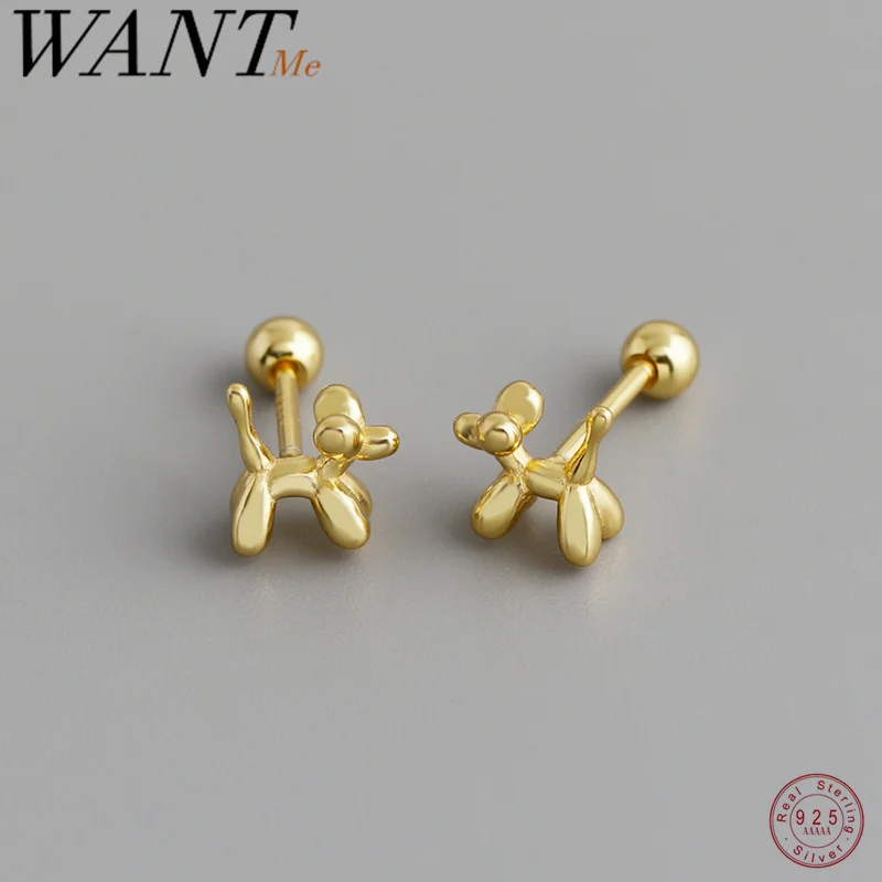 WANTME 925 Sterling Silver Cute Balloon Dog Screw Bead Stud Earrings for Women Fashion Unique Design Halloween Party Jewelry