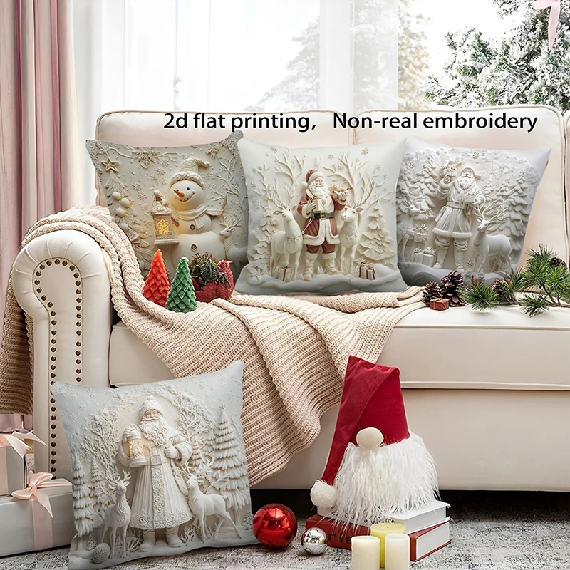 Christmas Santa Snowman 2D Printed Throw Pillow Covers, Xmas Decorative Cushion Cases for Home Sofa