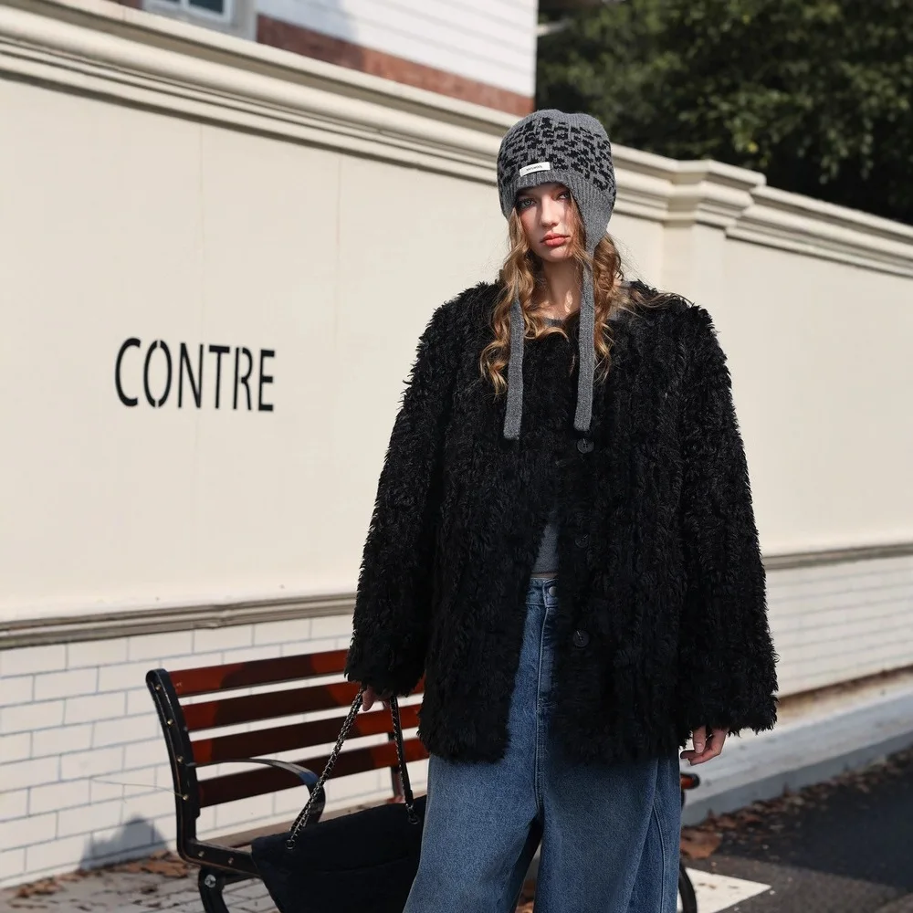 مترهل مجعد المرأة الفراء الاصطناعي أبلى لون نقي واحدة الصدر سيدة فرو منك سترة الشتاء معطف فرو صناعي الإناث عادية #1