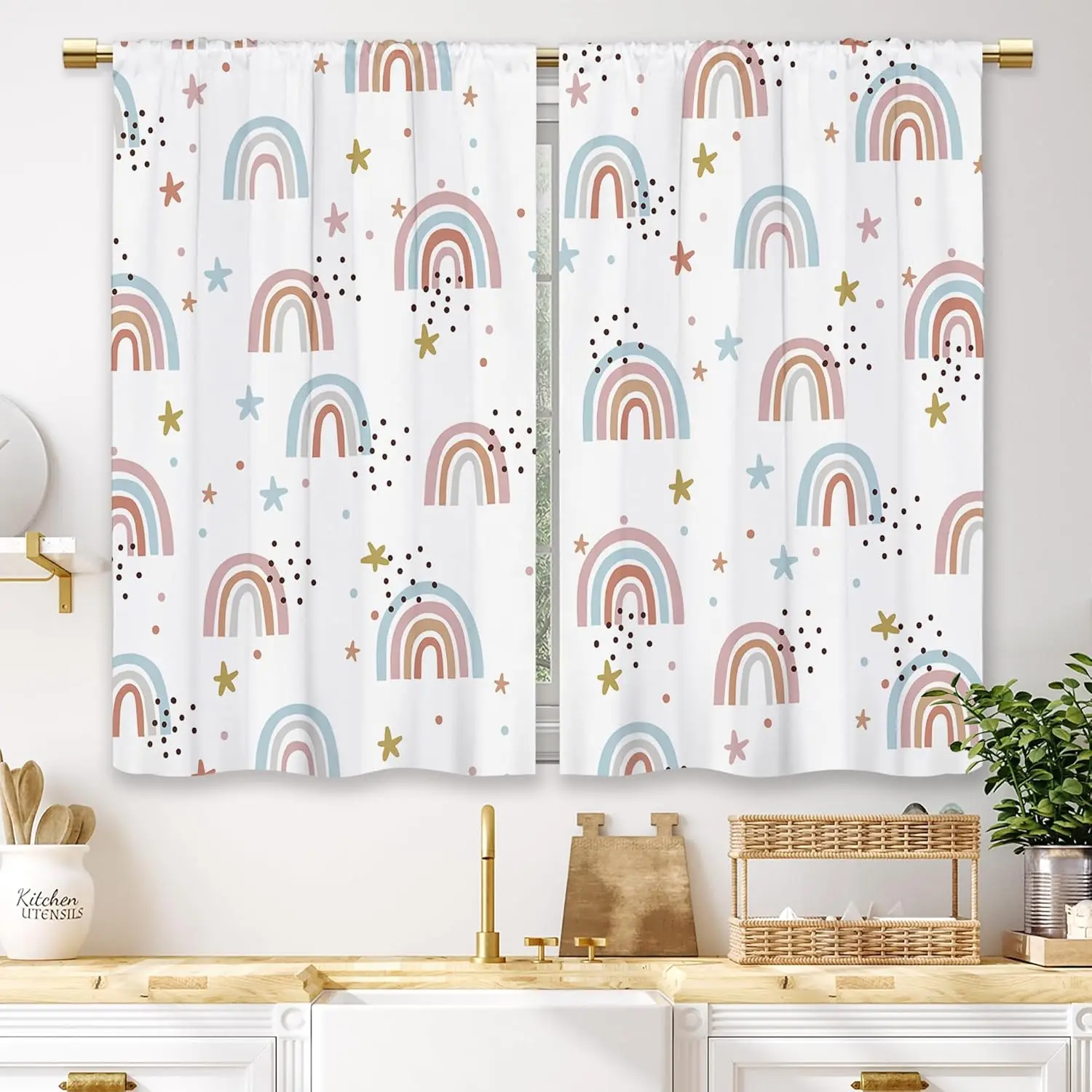 Boho Colorful Rainbow Kitchen Curtains Kids Child Boys Girls Small Short Cafe Window Curtains Cute Cartoon Blue Pink Rod Pocket