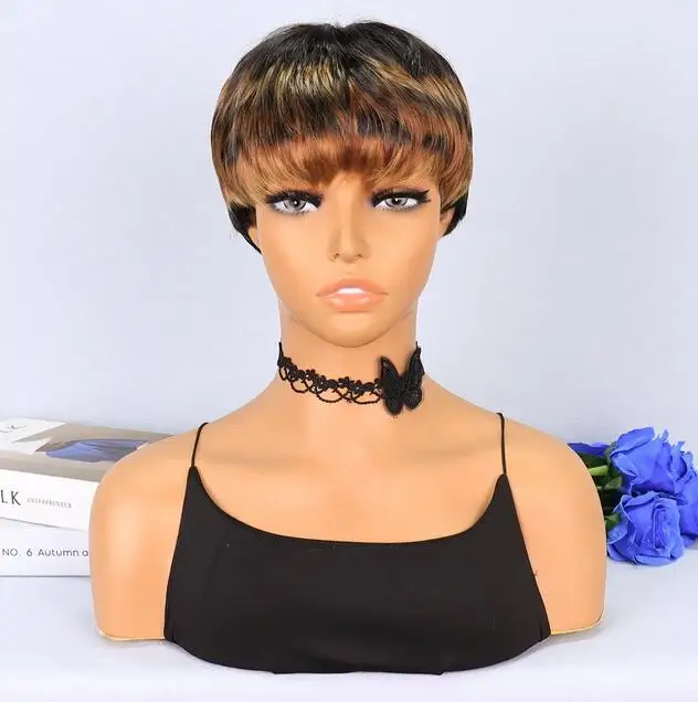 Short Pixie Cut Mixed Orange Synthetic Wigs Natural Straight Layered Wig with Fluffy Bangs for Women Daily Heat Resistant Hair