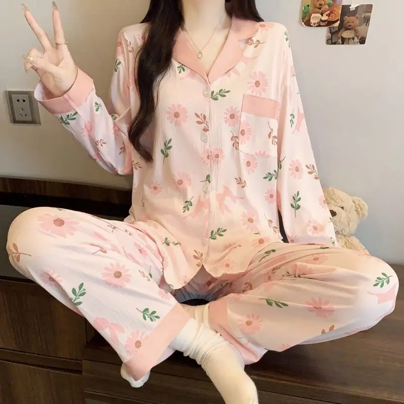 2026 New Women's Pajama Set 2 Piece Sleepwear Long Sleeve Full Length Pants Floral Print Button-Down Lapel Loungewear Nightwear