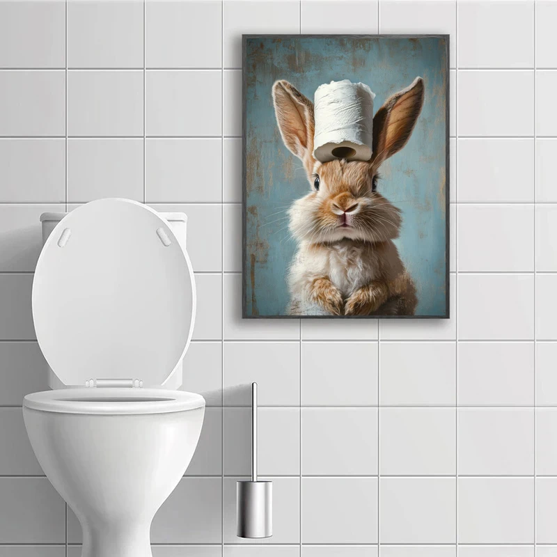 Cartoon Cute Funny Animals with Toilet Paper on Their Heads Poster Canvas Painting Prints Home Room Bathroom Art Decoration view 4