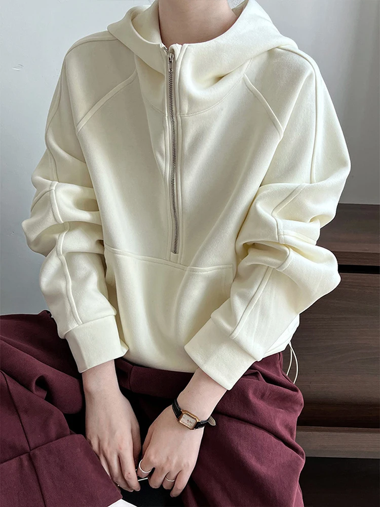 [LANMREM] Minimalism Hooded Sweatshirt For Women Solid Long Sleeve Casual Loose Tops Fashion Clothing 2024 Autumn New 26C467