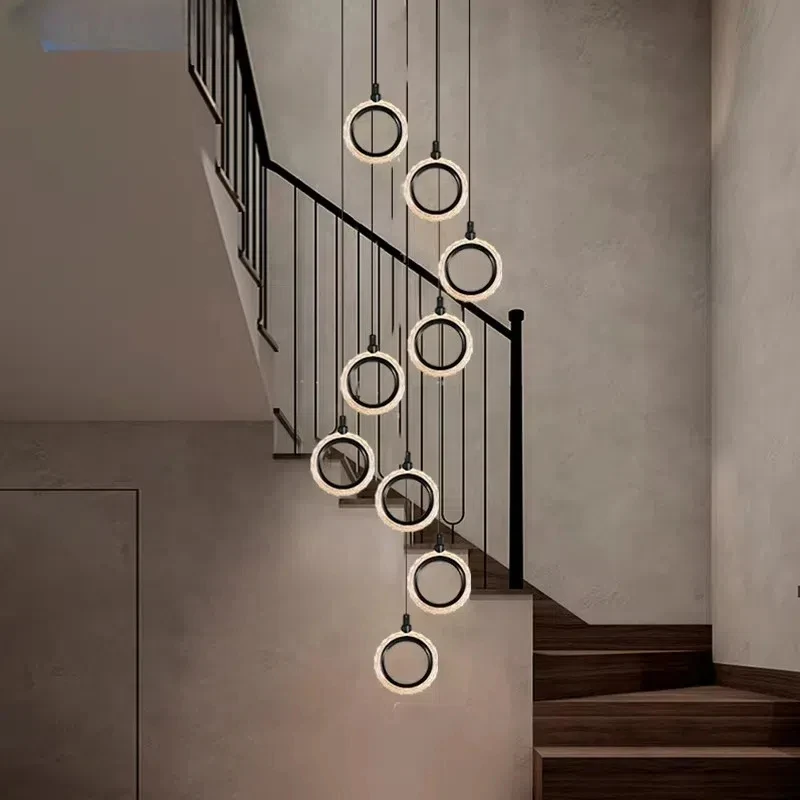 Modern Nordic Luxury Villa LOFT Chandelier Full Copper Duplex Staircase Rotating Hollow Ring Pendant Light for Home Decor