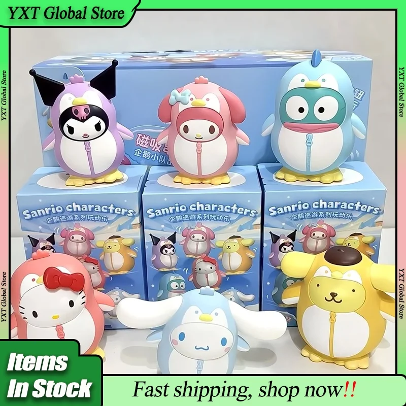 

Original Sanrio Character Penguin Tour Series Blind Box Cinnamoroll Hangyodon Kuromi My Melody Figure Modle Decor Toy Xmas Gift