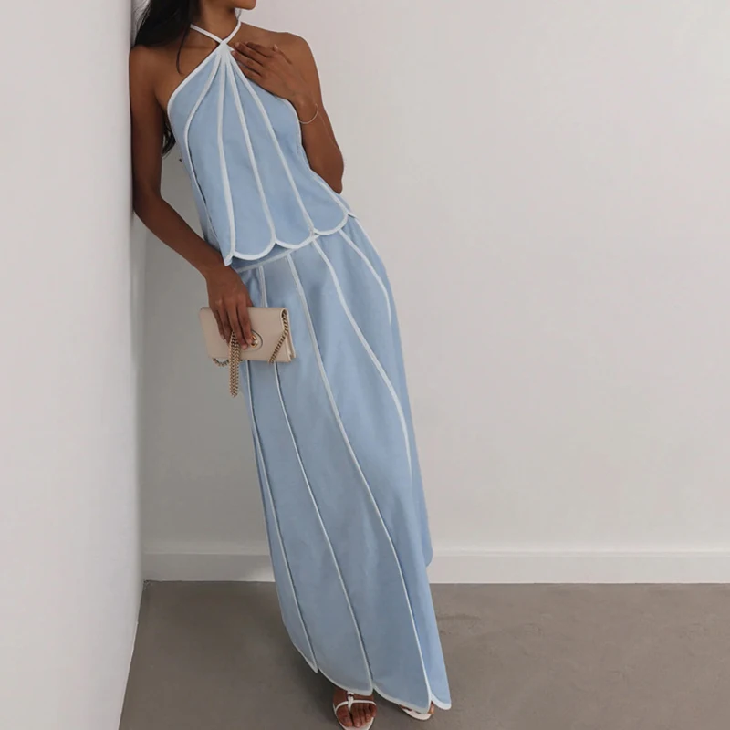 Summer Hollow Out Backless Holiday Suit Color Blocked Slim Women Party Outfit Simple Hanging Neck Top + Long Skirt Two Piece Set