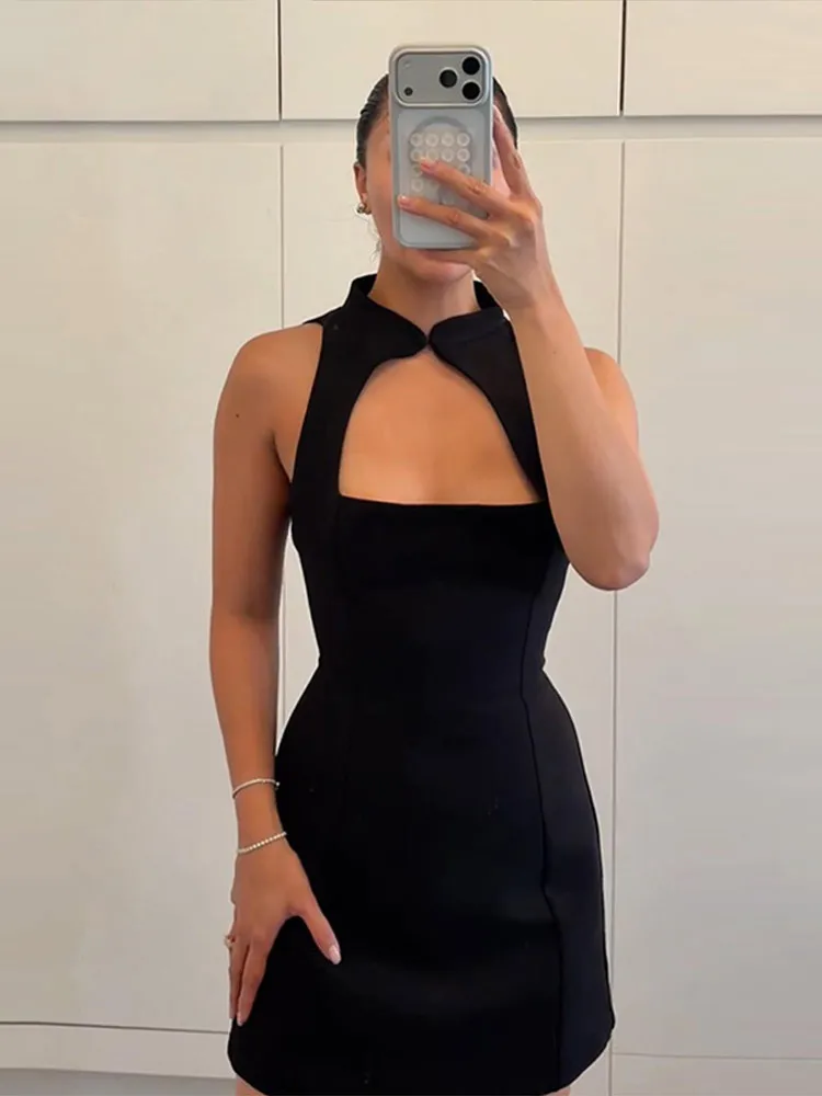 Plissiertes, ausgeschnittenes, tailliertes Minikleid für Damen – sexy, ärmellos, mit Einzelknopf und Reißverschluss, schmal geschnitten, charmantes Partykleid, neu – Detail 21